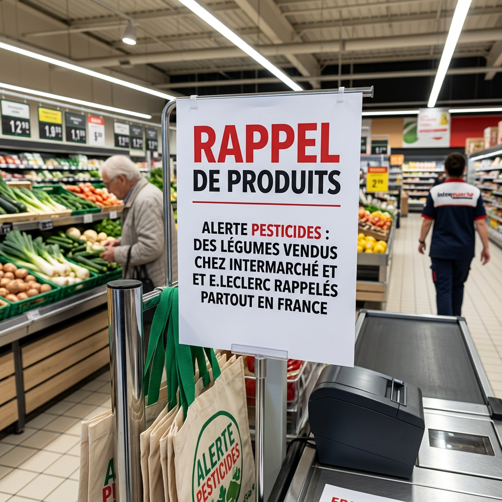 Sign reading “RAPPEL DE PRODUITS” and “ALERTE PESTICIDES : DES LÉGUMES VENDUS CHEZ INTERMARCHÉ ET ET E.LECLERC RAPPELÉS PARTOUT EN FRANCE” in a supermarket.