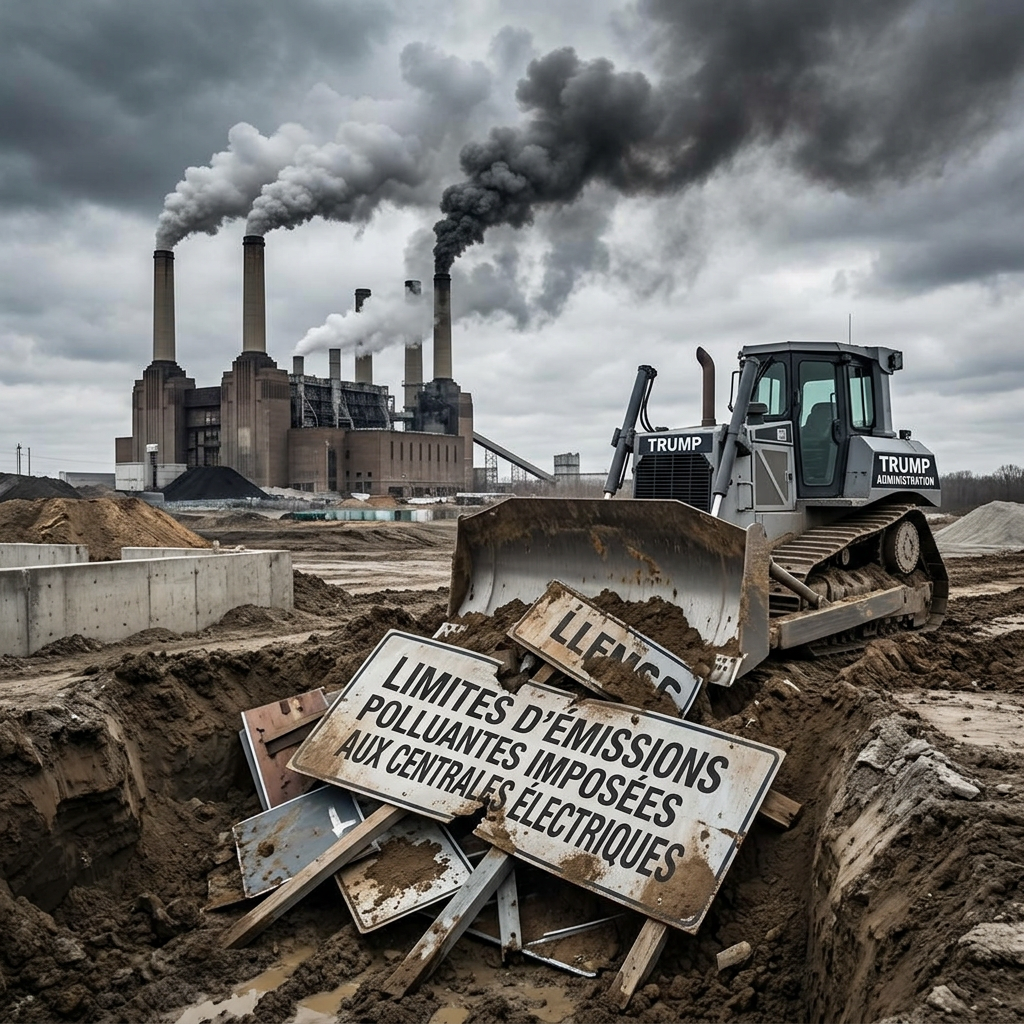 Bulldozer marked Trump administration beside a smokestack plant and sign reading, “Limites d’émissions polluantes imposées aux centrales électriques.”