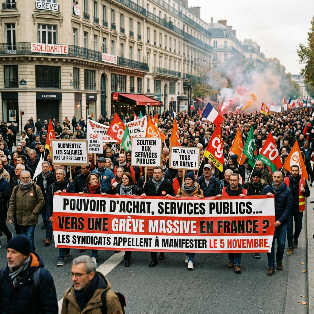 Paris protest with union flags and banner reading “POUVOIR D’ACHAT, SERVICES PUBLICS… VERS UNE GRÈVE MASSIVE EN FRANCE ? LES SYNDICATS APPELLENT À MANIFESTER LE 5 NOVEMBRE.”