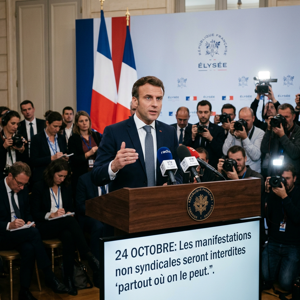 Emmanuel Macron speaking at a podium; screen reads “24 OCTOBRE: Les manifestations non syndicales seront interdites ‘partout où on le peut’.”