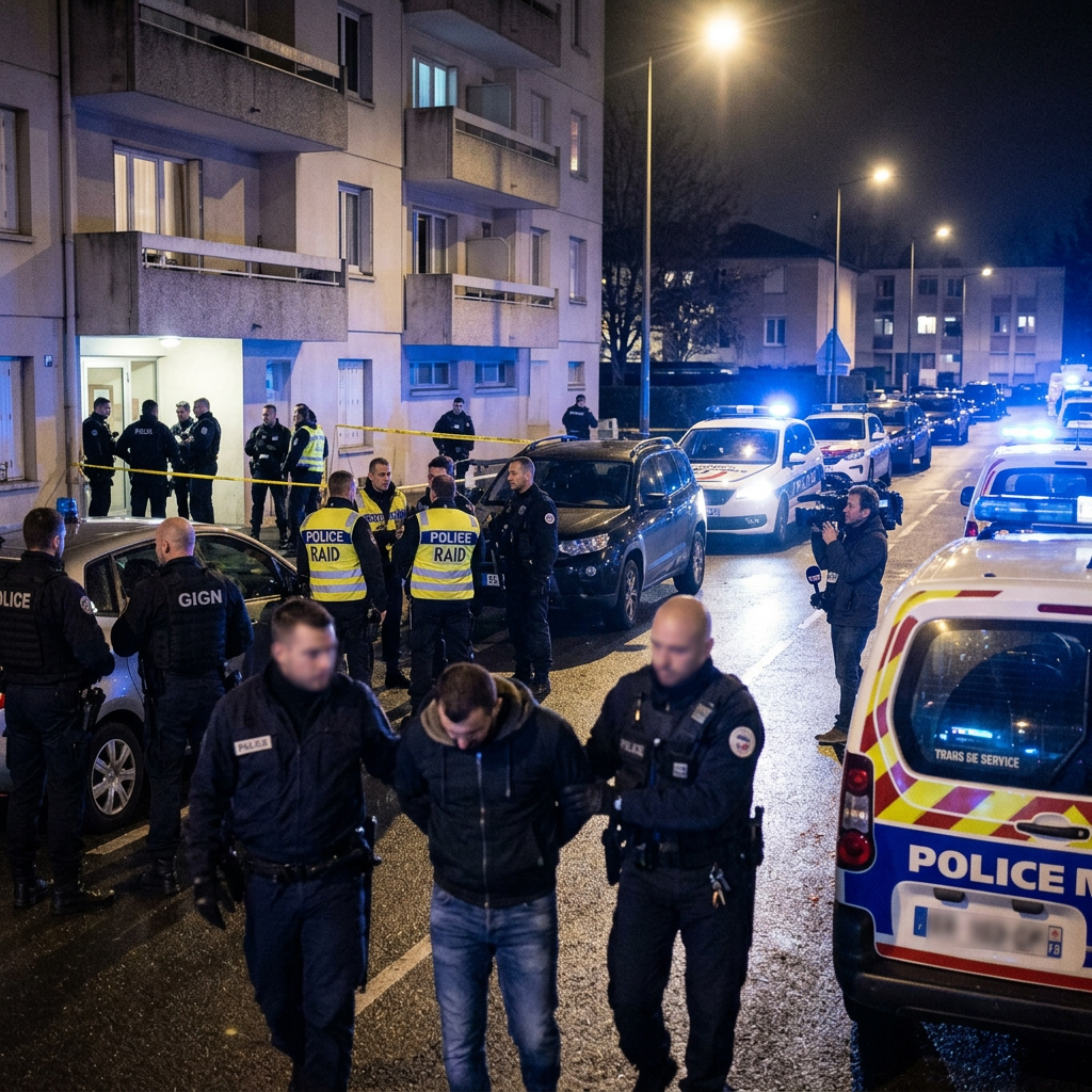 Police officers escort a detained man past police vehicles at night