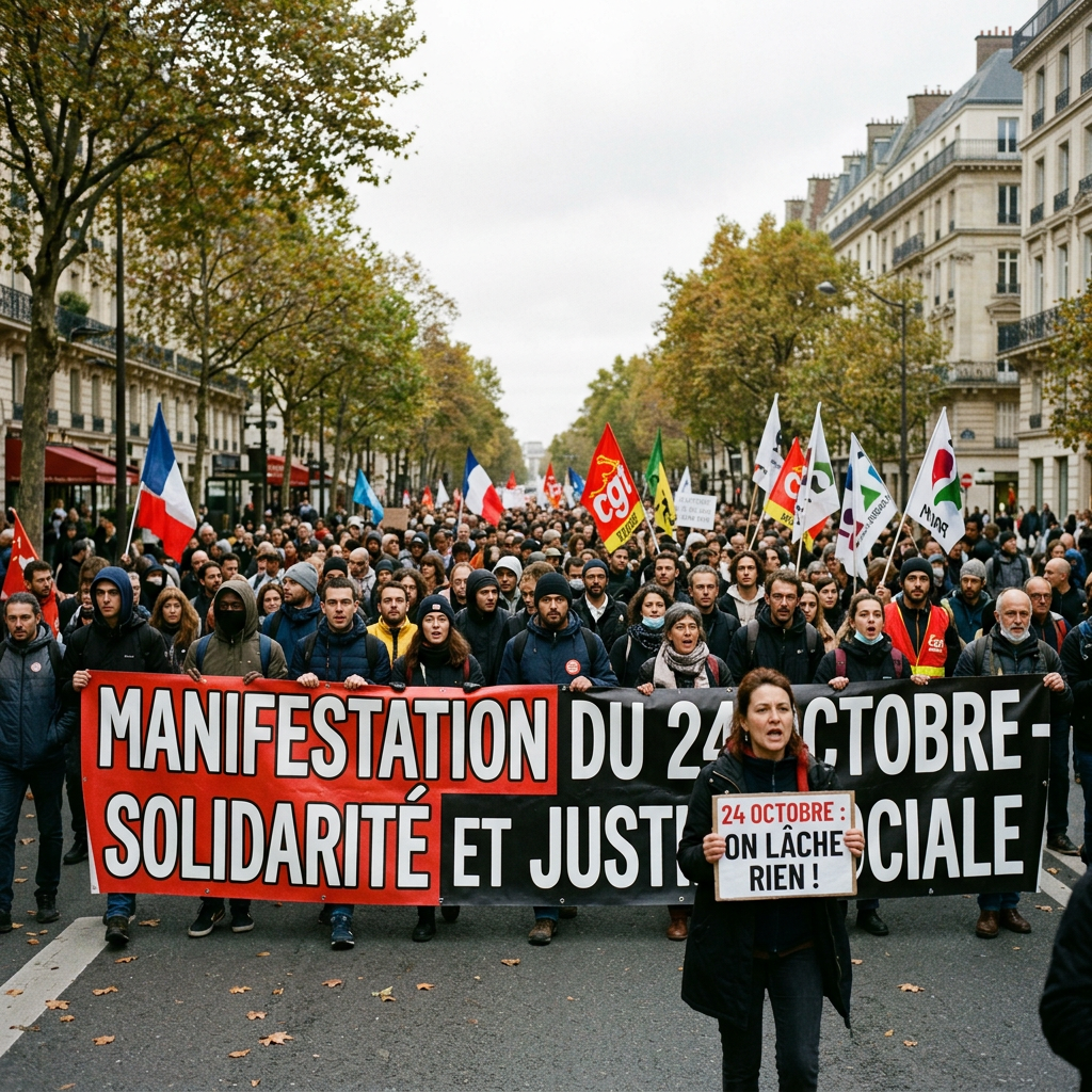 Crowd holding banner reading “MANIFESTATION DU 24 OCTOBRE – SOLIDARITÉ ET JUSTICE SOCIALE”